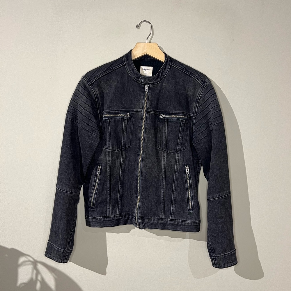 2017 Gap Washed Black Denim Moto Jacket Zip